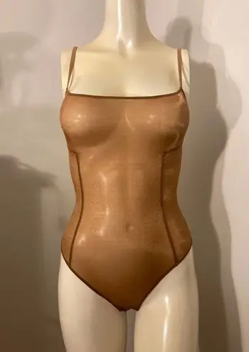 SKIMS Size Medium Glissenette Chai Scoop Neck Sheer Bodysuit Shimmery Golden