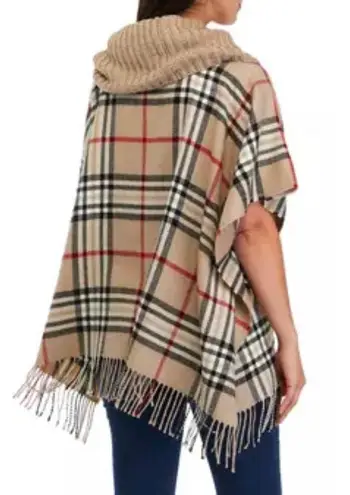 V. Fraas  Plaid Poncho With Cowl Knit Collar