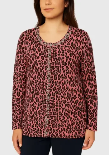Quacker Factory Pink & Black Animal Print Cardigan With Embellished Trim, M