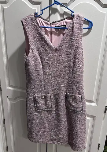 Karl Lagerfeld Paris Pink Tweed Shift Dress 14 Sleeveless Pearl Button Pockets