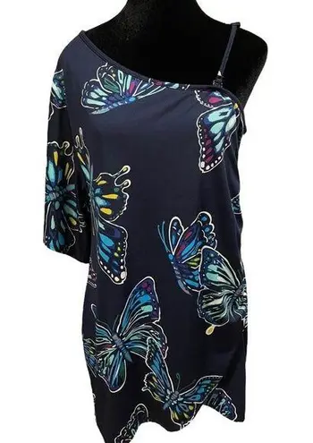 Vibrant Avon Y2K Butterfly One Sleeve Ruched Coverup Swimsuit Mini Dress Blouse