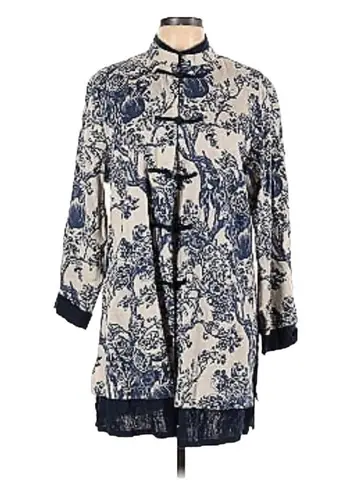 Soft Surroundings COTTON/LINEN BLEND MANDARIN COLLAR KIMONO TUNIC NAVY Medium
