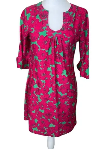 Aryeh Scoop Neck Pink Green Mini Dress Small Tropical Floral Island Party EUC