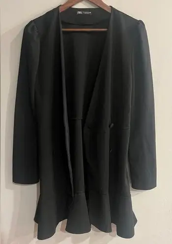 ZARA  Women’s Black Long Double Button Peplum Ruffle Hem Blazer Jacket Size L