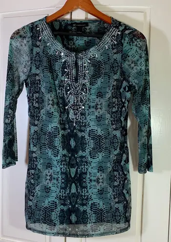 INC Sheer Snake Print Tunic Top Beaded Neck Teal Black Small Nylon Mesh Blouse Blue