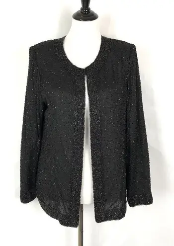 Laurence Kazar Laurence Kazer All Over Beaded Open Jacket Women Size M Black Silk Formal Party