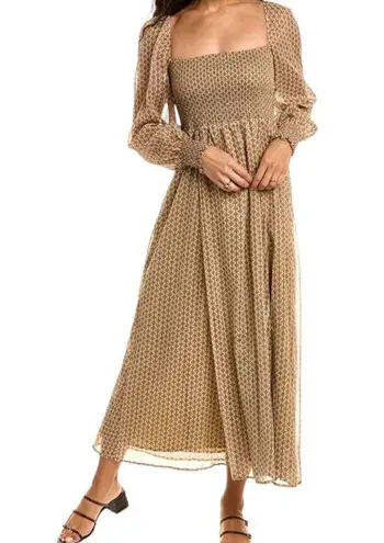 o.p.t Square Neck Smocked Patterned Maxi Dress Brown Gold Cream Size Medium