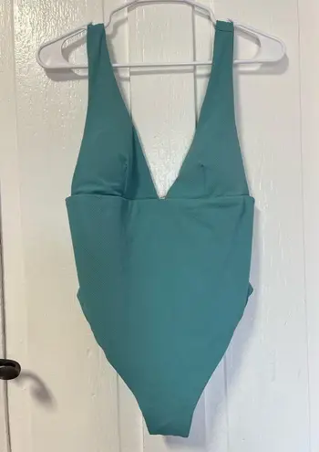 Eberjay NWT Eberjey Vivian textured pique deep V swimsuit ocean blue Large