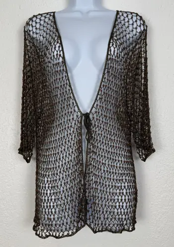 No Brand Beaded Crochet Net Cardigan Top Sheer Open Front Tie Brown Boho OS Size undefined