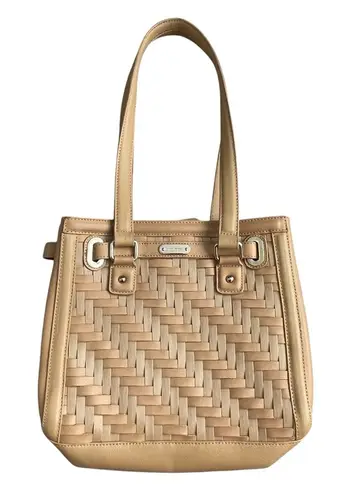 Longaberger Basket Woven Leather Shoulder Bag Stairstep Weave Caramel