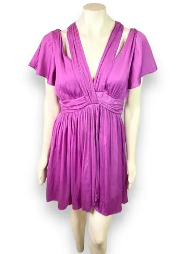 Anthropologie | Vibrant Purple Satin Finish Mini Dress with Deep V-Neckline