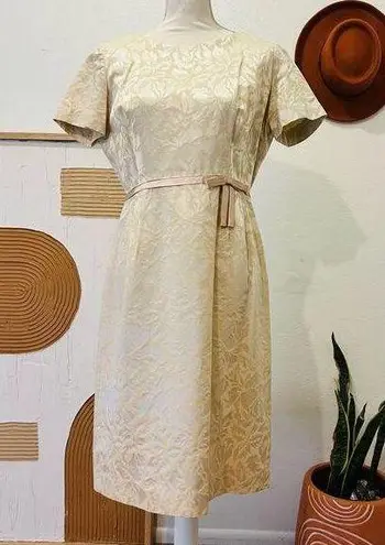 Vintage Handmade 1960s Cream Tapestry Bow Detail Short Sleeve Knee Length Dress Pink Size M