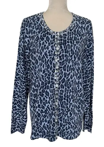 Quacker Factory Quaker Factory Blue Leopard Print Rhinestones Beaded Cardigan Women’s Size L - Image 1