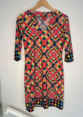 Tracy Negoshian Coral Diamond Geo Stretchy Shift Dress Size XS Preppy Teacher