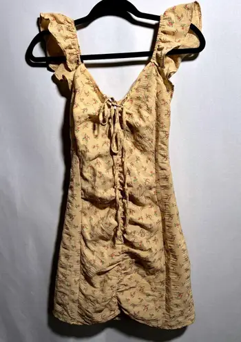 Cider Floral Mini Dress Ruffle Sleeve Tie Front Ruched Bodycon Yellow S Coquette