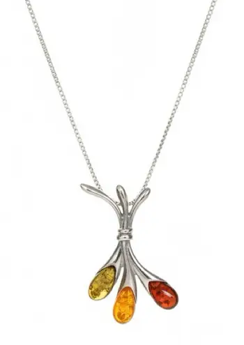 Artisan 925 Sterling Silver Baltic Amber Floral Pendant Necklace Honey Cognac Green
