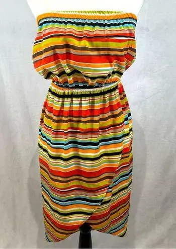Jondie Multicolor striped strapless faux wrap dress size small - Image 1
