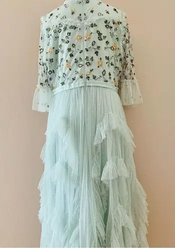 Ivy City Co Mint Green Purple Beaded Floral Embroidered Tulle Dress