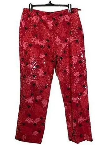 DStudio Bright Red Floral Slacks Pants With Sparkly Sequins Flat Front Size 14