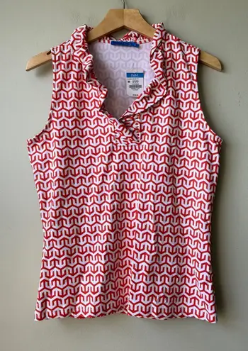 J. McLaughlin Durham Sleeveless Ruffle Neck Top Coral Lattice Print Size M