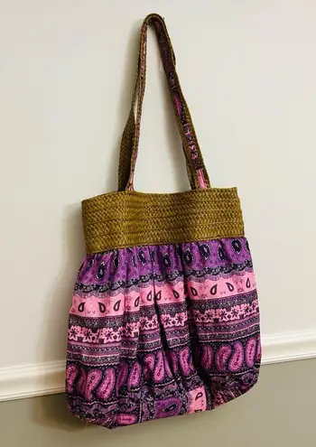 Straw Fabric Purple Pink Multicolor Paisley Casual Fun Large Tote Exotic Bag