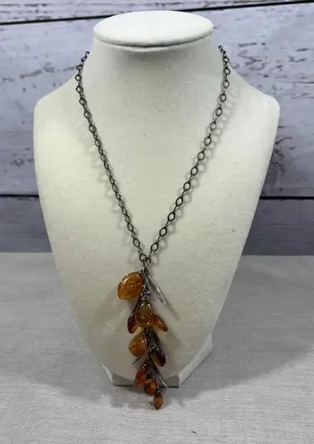 Amber Beads Necklace Silver Leafs Chain Link Amber Stones Leaf Design Brown