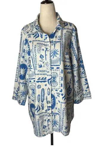 Calypso St. Barth Shirt Women XL Blue White Coastal Button Down Preppy Boho - Image 1