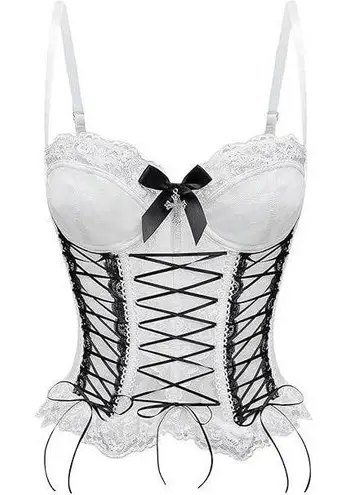 Women's Goth Sleeveless Lace Up Cami Bow Lace Trim Punk Corset Top Sz L