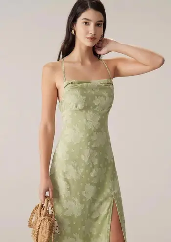 RIHOAS Green Jacquard Backless Slip Midi Dress Size L