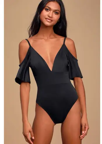 Lulus Slay It With Me Black Off Shoulder Bodysuit XS Flutter Sleeve Sexy Chic