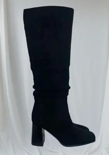 90s Style Black Faux Suede Slouchy Square Toe Square Heel Boots US 7