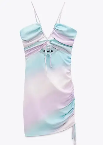 ZARA New  Pastel Tie Dye Satin Ruched Cut Out Mini Dress Size XS