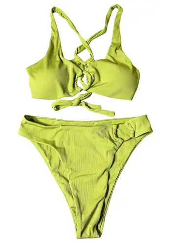 Womens Juniors Swimsuit XL Lime Green Front Keyhole Ring Ribbed 2 Piece NEW Size undefined