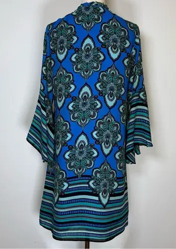 Kaari Blue Paisley Dress Bell Sleeves Blue And Green V-Neck Women’s Size Small