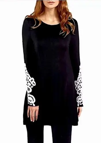 Black Crochet Lace Sleeve Accent Detail Tunic