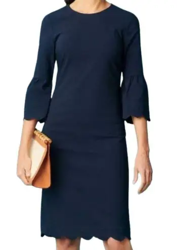 J. McLaughlin Elle Sheath Dress Women's 4 Navy Scalloped Hem Bell Sleeves Career