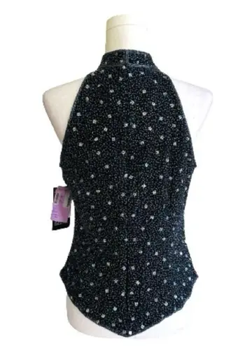 Sean Collection Sean Black Blue Beaded Silk High Neck Sleeveless Evening Formal Top Large NEW