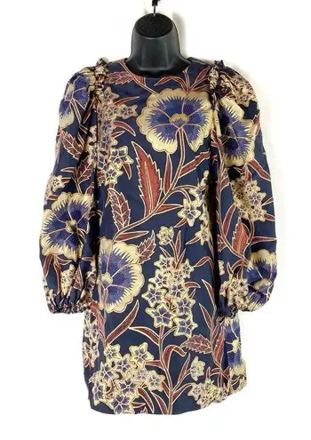 Ulla Johnson  Claudine Navy Ruffle Long Sleeve Floral Mini Dress Puff Sleeves 0