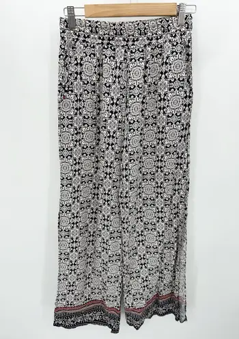 Abbeline Womens Navy Blue Cream Floral Wide Leg Pants Size S Boho Stretch Waist