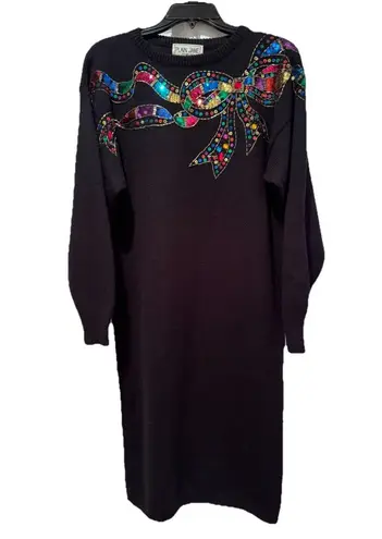 Vintage Plain Jane By Sweet Baby Jane M Black Sweater Dress Sequin Bow Holiday Size M