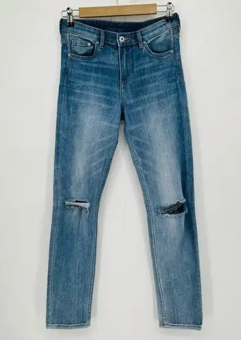 & Denim by H&M Slim Regular Waist Jeans Women 28 Medium Wash Denim Ripped Knees Blue