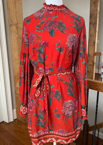 Deja Vu boutique Floral Red Mini Dress tie waist high neck