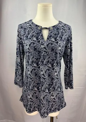Magnolia Grace Womens Small Blue Paisley Polyester/Spandex Top With Keyhole Deta