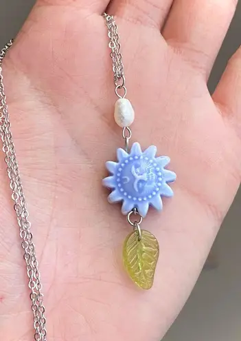 Handmade unique funky cute light blue ceramic sun & Czech glass leaf & freshwater pearl necklace☀️🌿