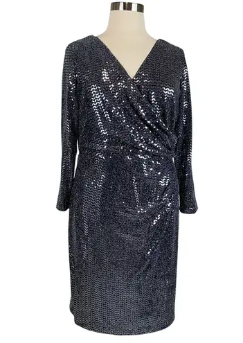 Betsy and Adam Metallic Long Sleeve Sheath Cocktail Dress Size 18W Blue V-Neck