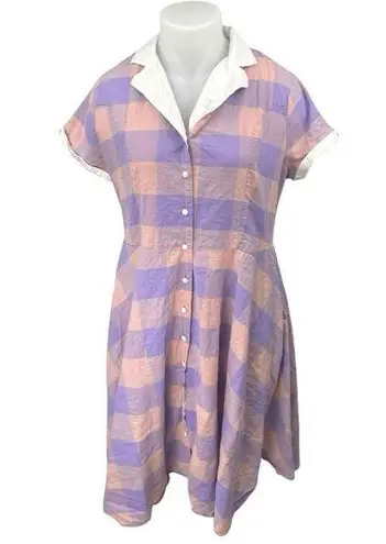 Unique Vintage Purple Plaid Checkered Short Sleeve Button Midi Shirt Dress 2XL