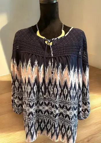 Jolt  M‎ Boho Peasant Aztec 3/4 Sleeve Lace Insert Top Blouse  Navy Blue Pink - Image 1