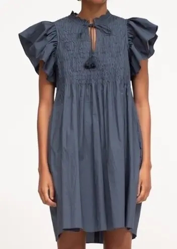 Sea New York Rene Tunic Dress 8 Slate Smocked Ruffle Sleeve Boho Casual Chic Blue