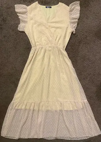 Fashion Medium Yellow Lined Chiffon Layered Swiss Dot Ruffle Wrap Maxi Dress