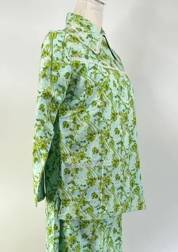 Vintage 70s Paisley Sleep Set Petite Psychedelic Dagger Collar Green Pajamas Size L